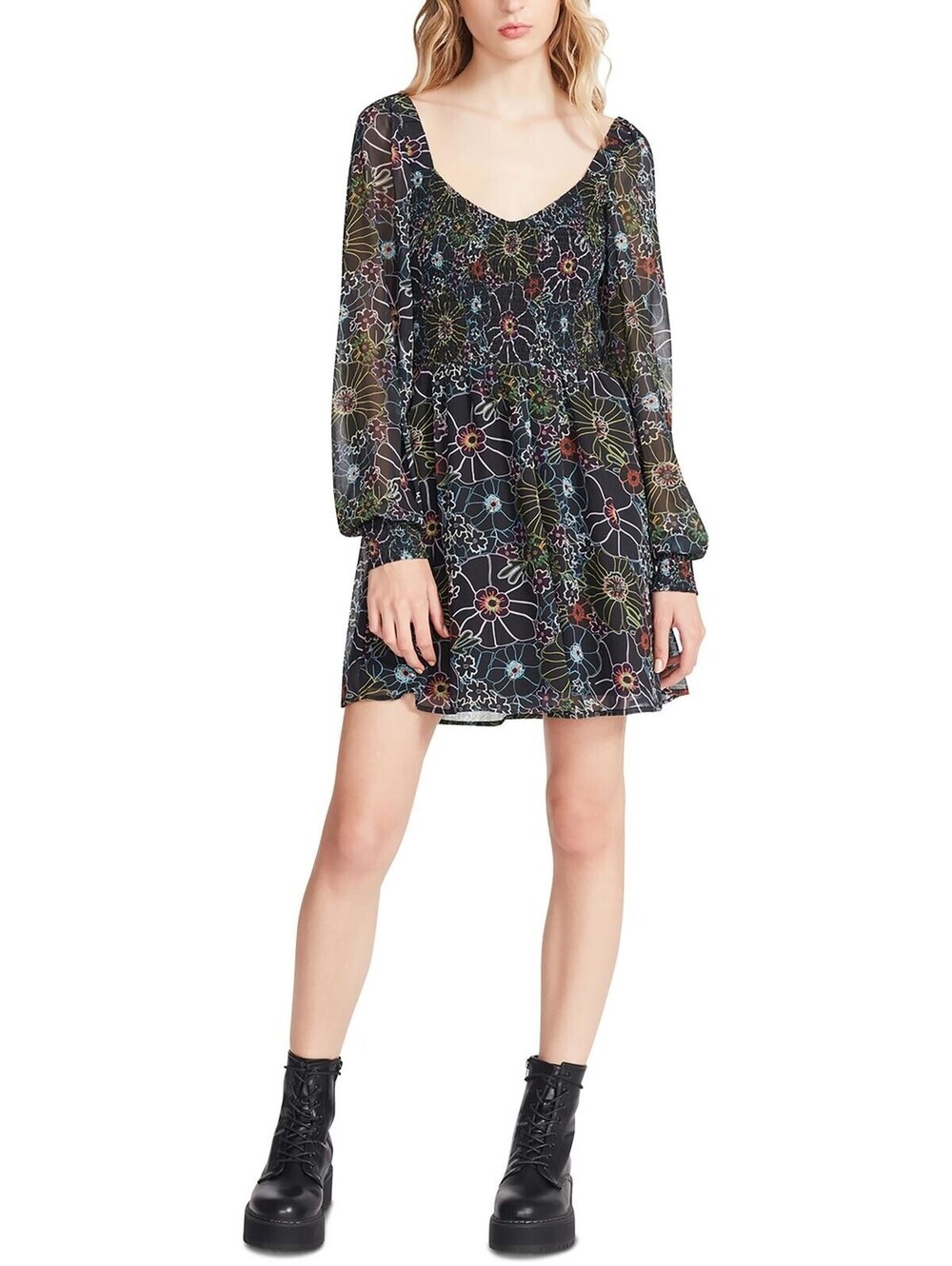 Steve Madden Color Me Lucky Floral Sweetheart Neckline Bishop Sleeve Dress Sz M